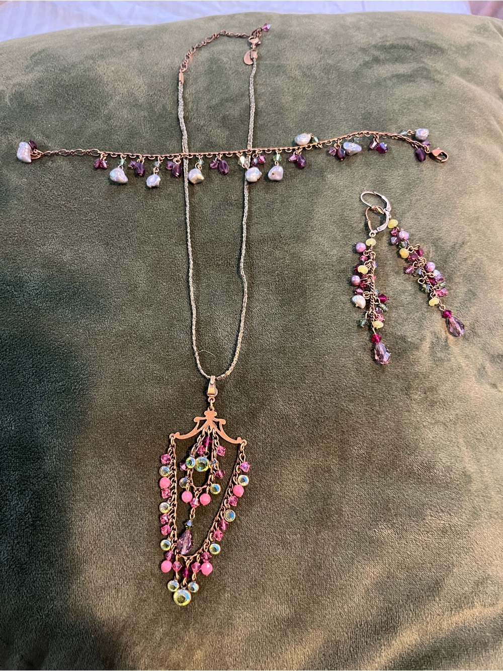 Pink and Purple Multi-Drop Pendant Necklace with Matching Earrings and bracelet